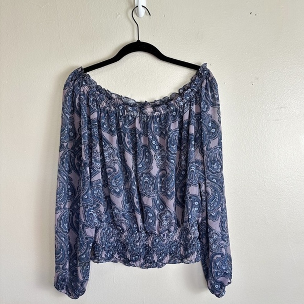 MICHAEL Michael Kors Blue Paisley Peasant Smocked Off the Shoulder Blouse Size M